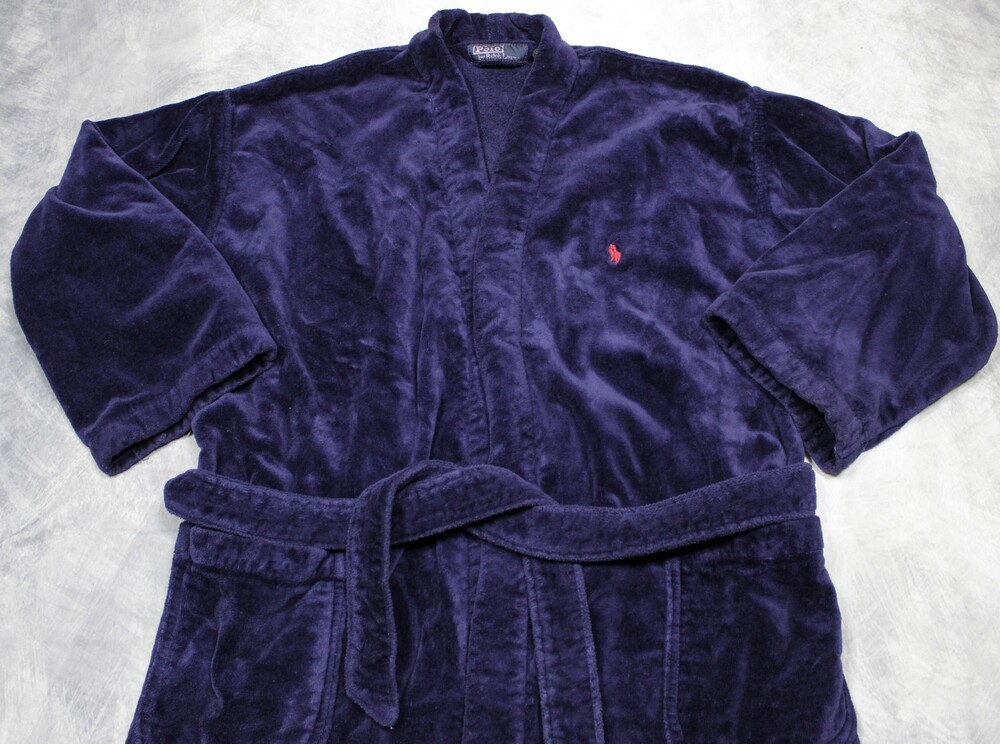 Vintage Polo Ralph Lauren Robe Mens One Size Blue Velour Cotton Bathrobe